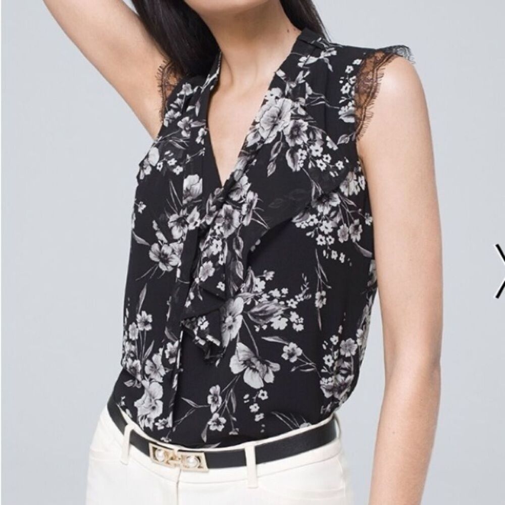NWOT T Tahari Black White Floral Lace Ruffle Trim V-Neck Tie Blouse Medium